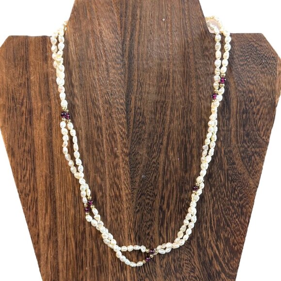 Vintage Freshwater Pearl Garnet Beaded Necklace Twisted Double Strand Gold Clasp - Picture 2 of 8